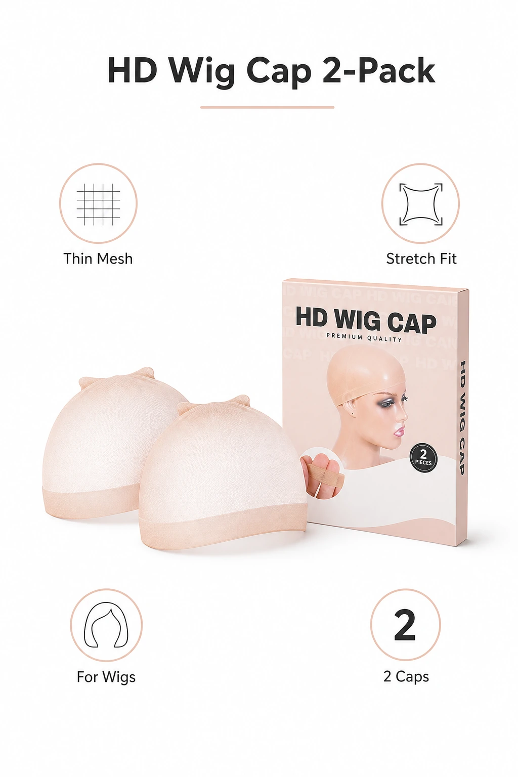 HD wig cap 2-pack overview with thin mesh and stretch fit labels