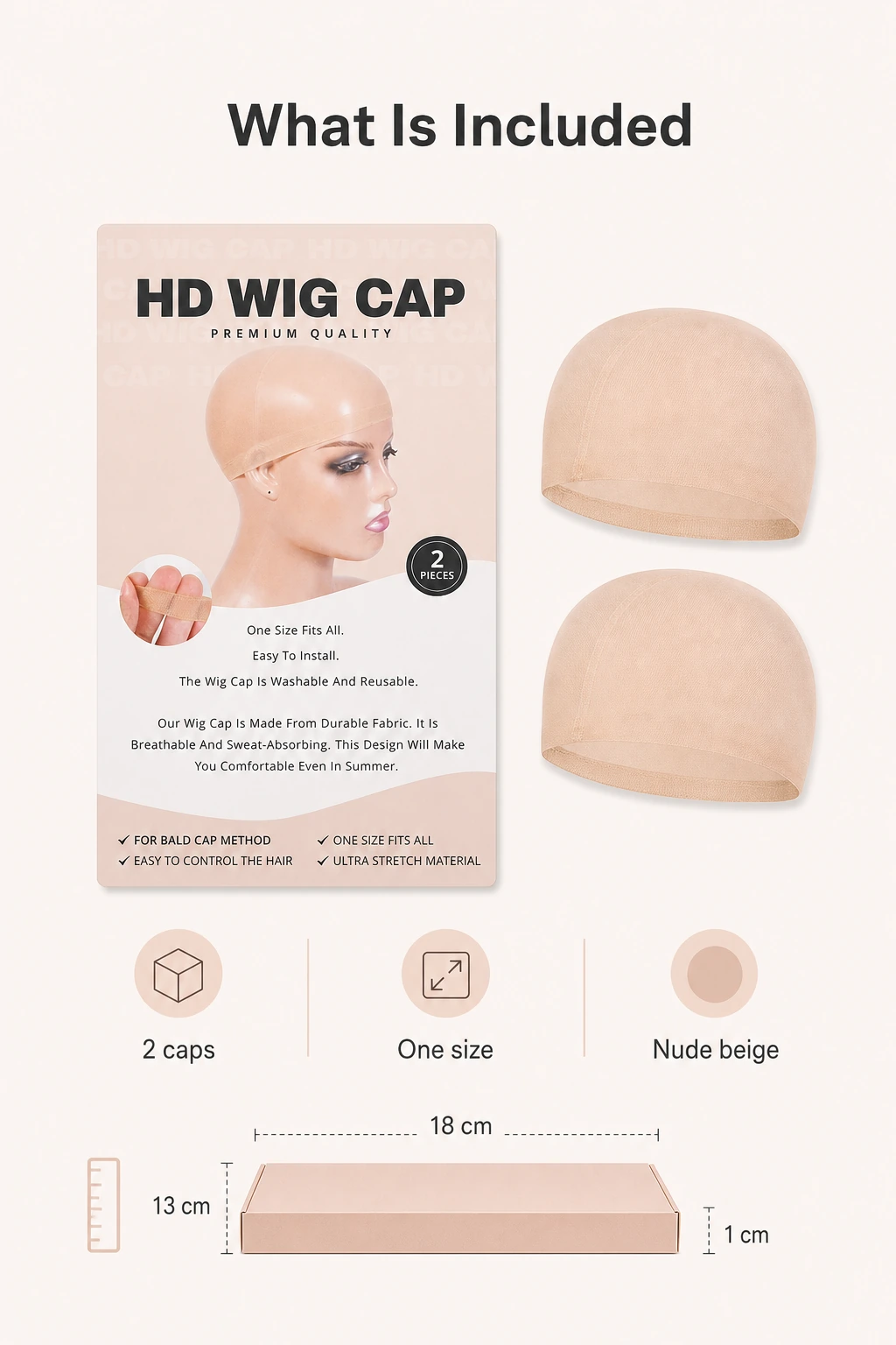 What is included in the HD wig cap 2-pack with listed package size