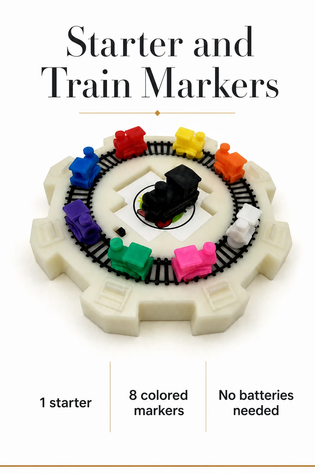 Primer plano del iniciador redondo con tren negro en el centro y marcadores de tren de colores separados.