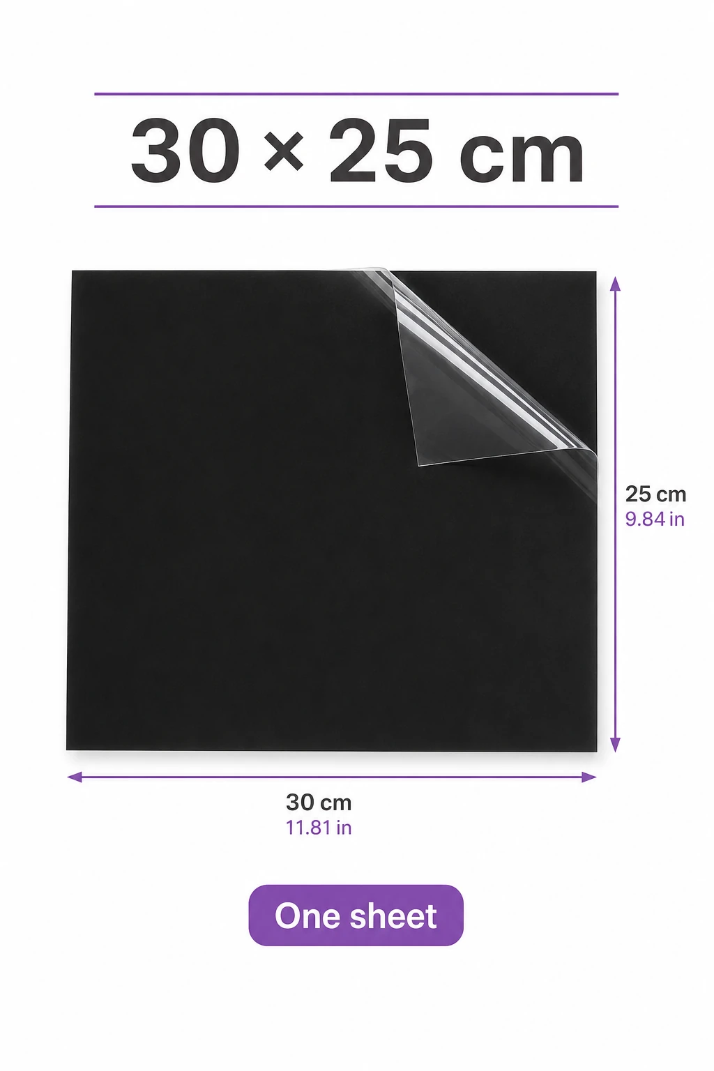 Black puff HTV sheet with 30 cm (11.81 in) and 25 cm (9.84 in) dimension arrows and a one-sheet label.
