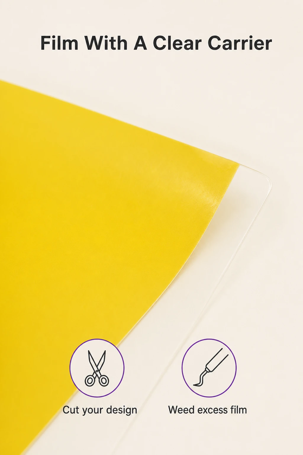 Close-up of yellow puff HTV with clear carrier, with cutting and weeding icons.