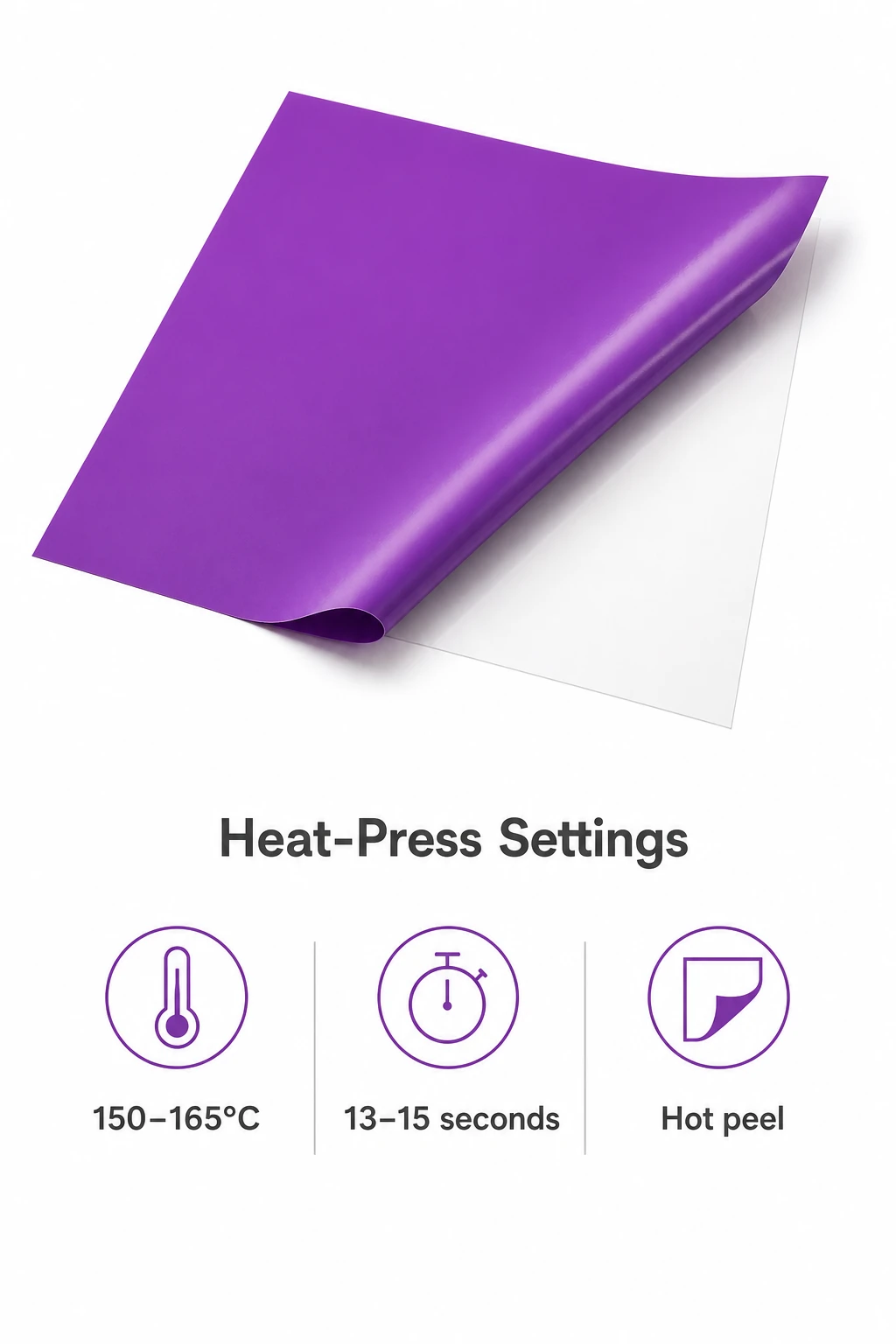 Purple puff HTV sheet above heat-press settings of 150–165°C, 13–15 seconds and hot peel.