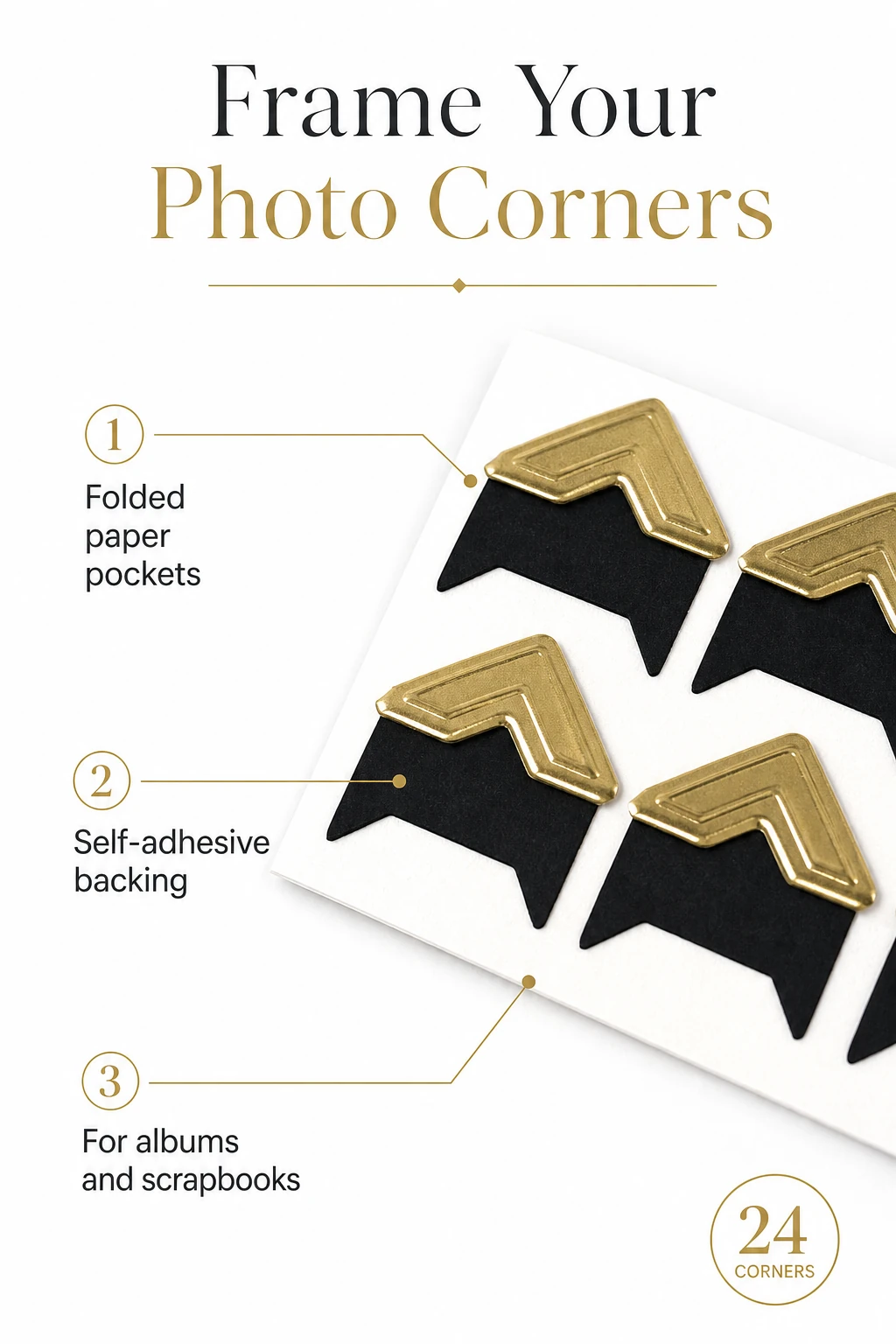 Gold paper corners with labels for folded pockets, adhesive backing, and album use