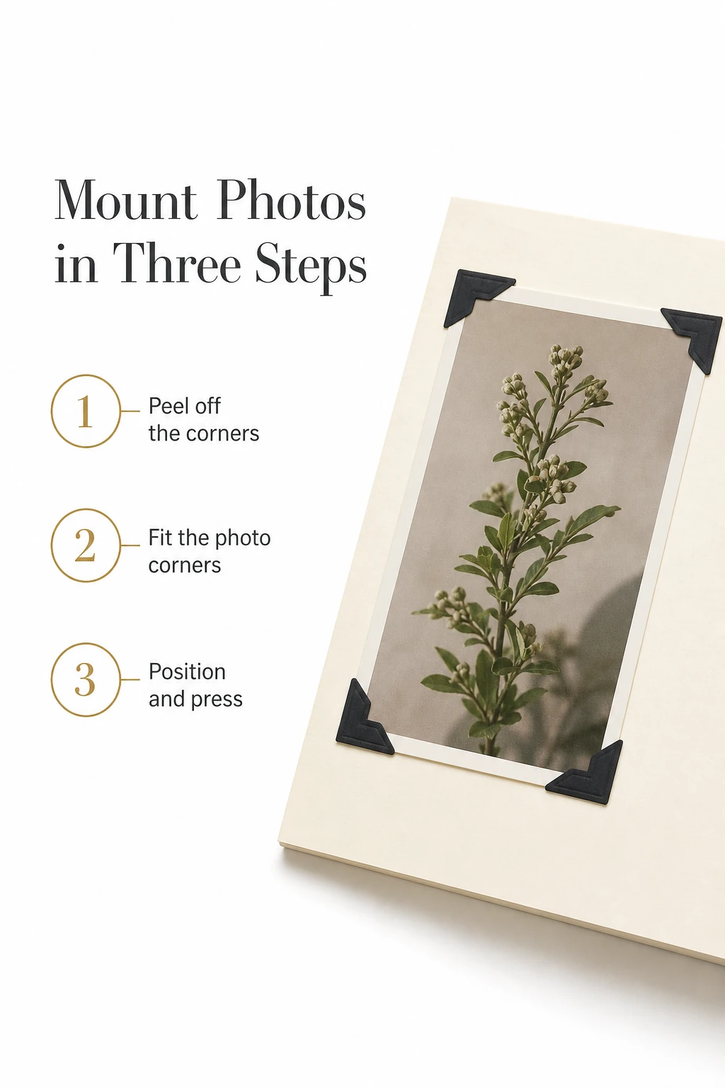 Three illustrated steps for placing black photo corners around a picture