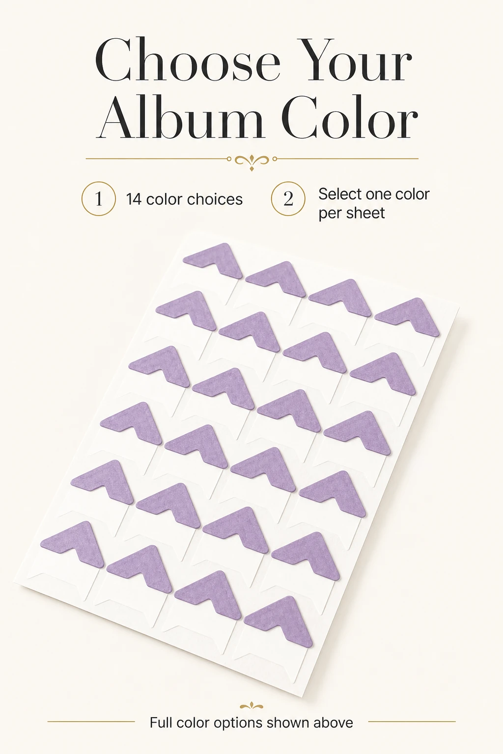 Purple paper-corner detail with a note about 14 color choices