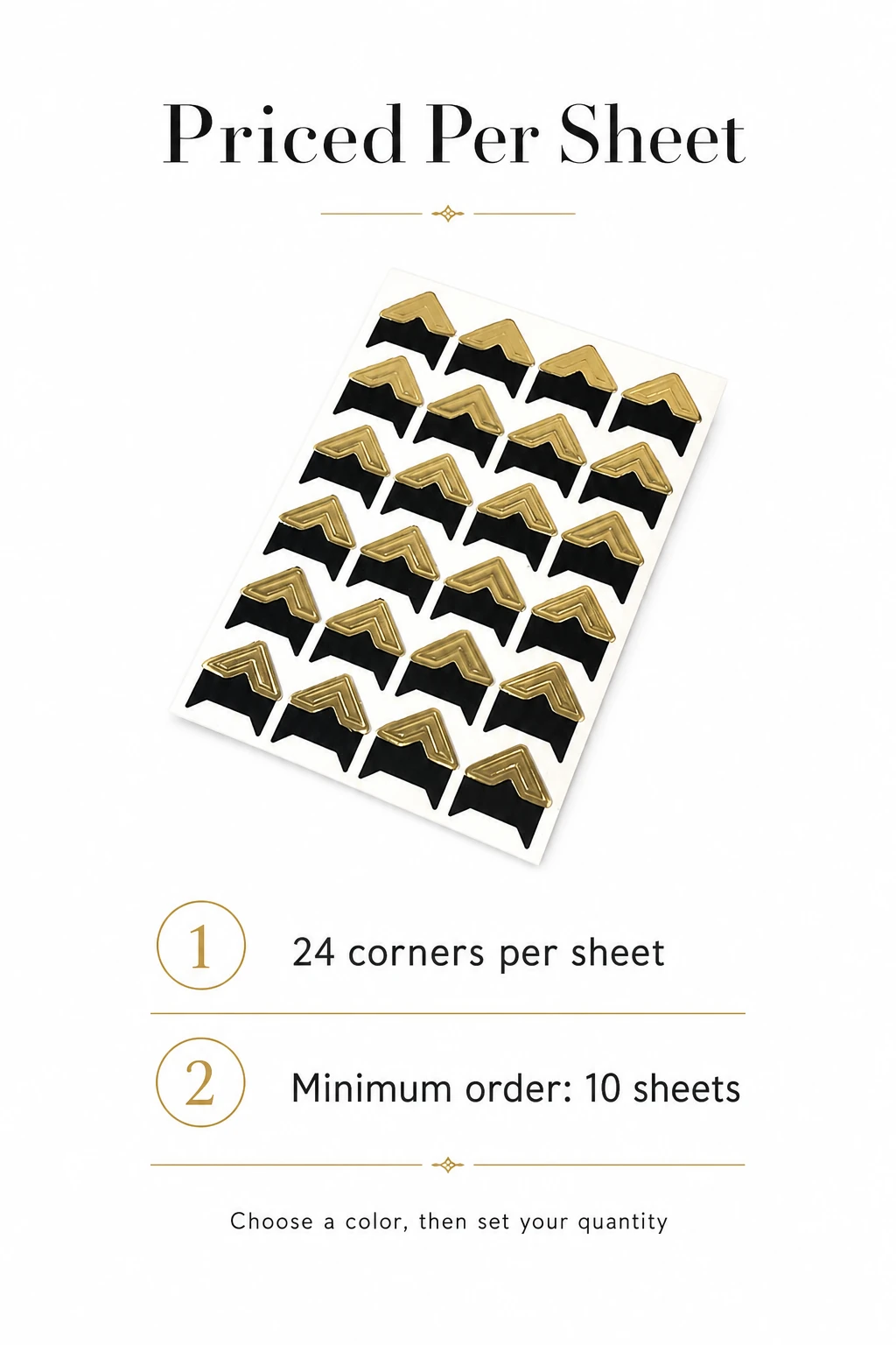 Gold sheet ordering graphic showing 24 corners and a 10-sheet minimum