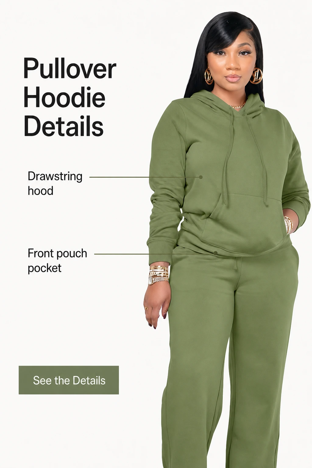 Sudadera verde con capucha de cordones y bolsillo canguro