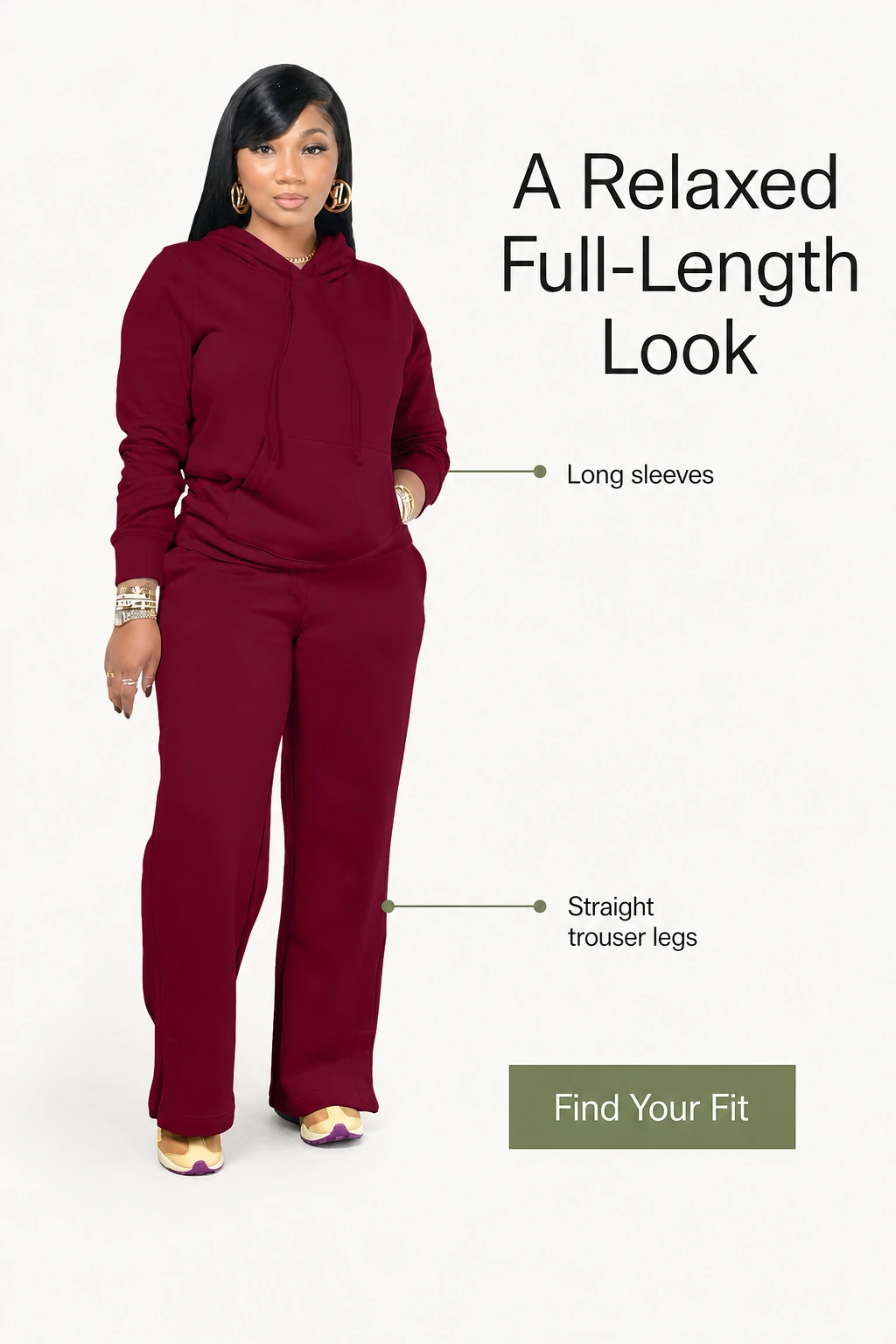 Conjunto burdeos de manga larga y pantalón recto holgado