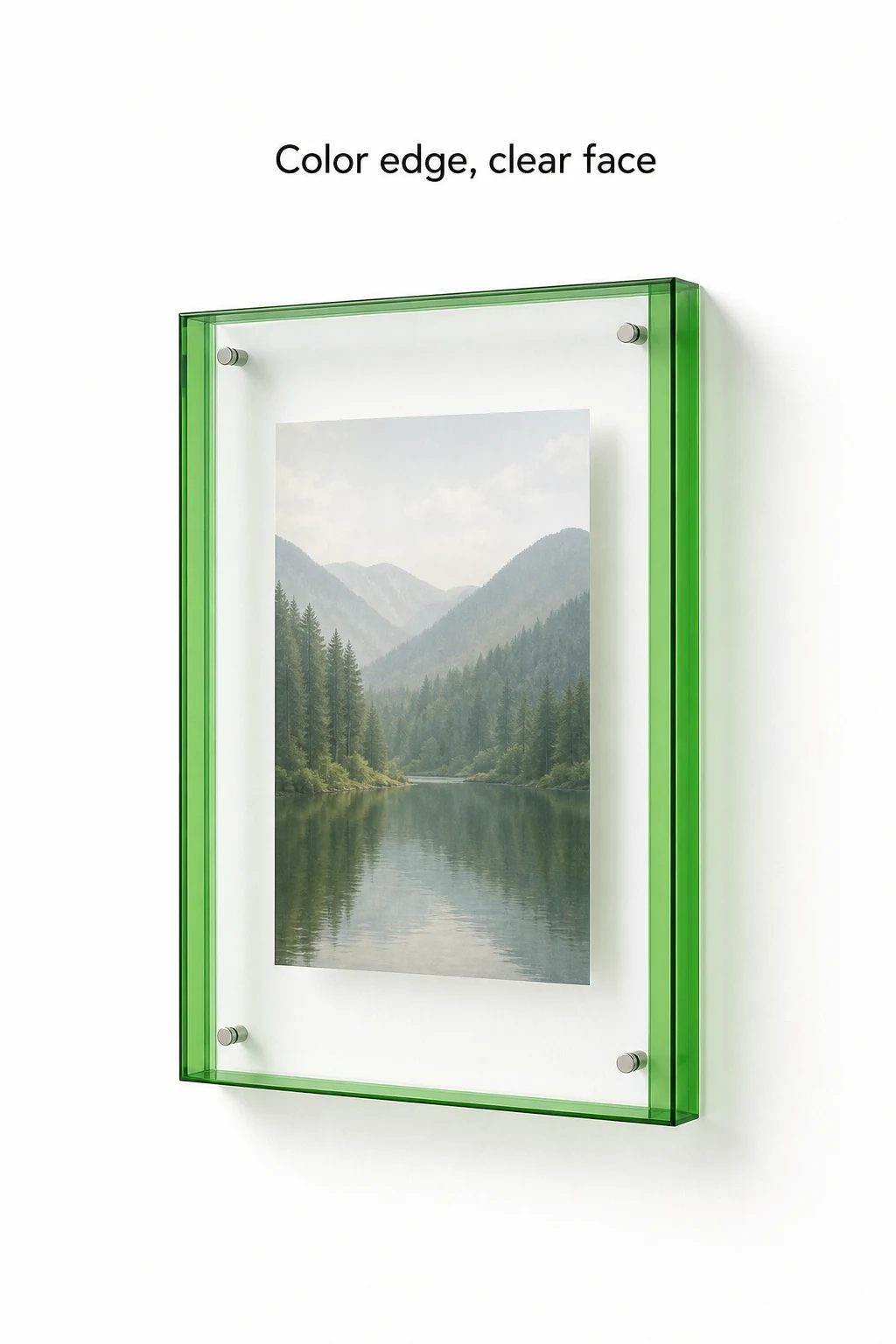 Green edge and clear front of an acrylic frame holding a lake photo