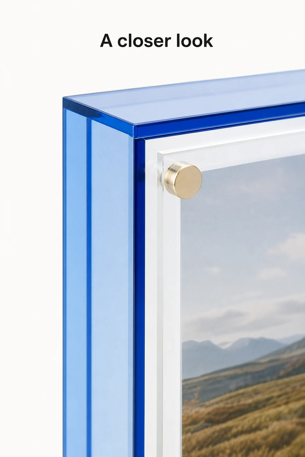Close view of the blue acrylic edge and a corner fastener