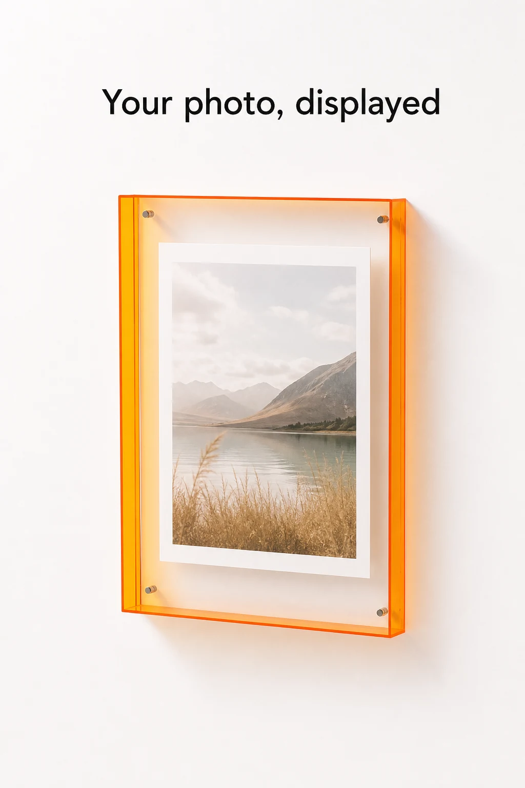 Orange-edged frame holding a landscape photo beneath a short heading