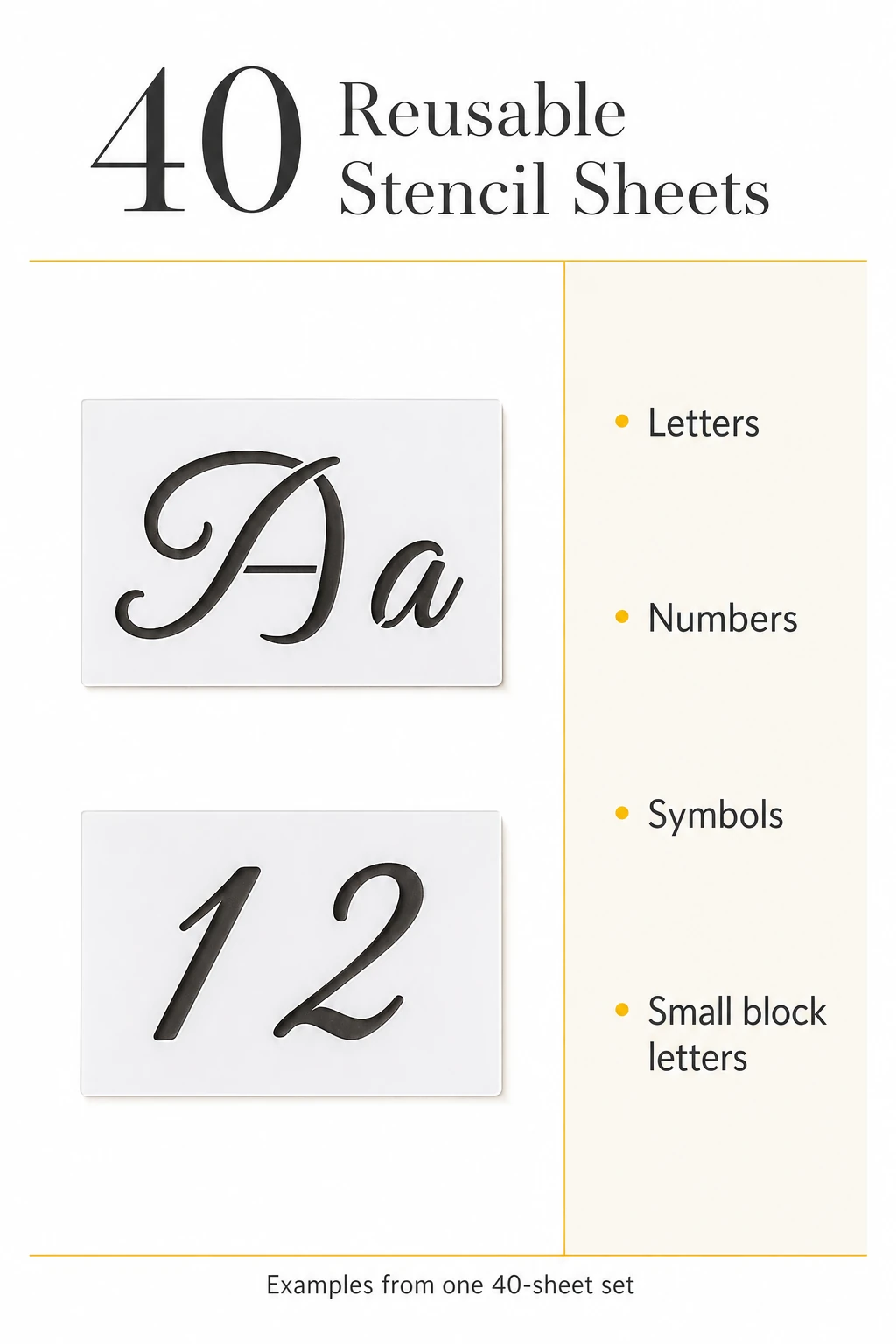 Contents graphic with Aa and 12 stencil examples and text stating 40 sheets: letters, numbers and symbols; no symbol artwork pictured.