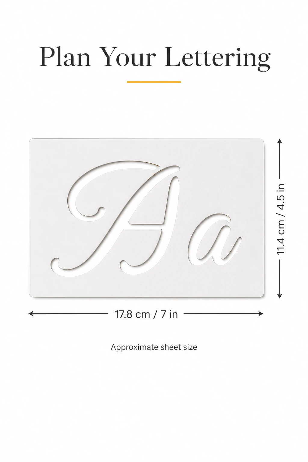 Dimension graphic for one stencil sheet: 17.8 cm (7 in) wide and 11.4 cm (4.5 in) high.