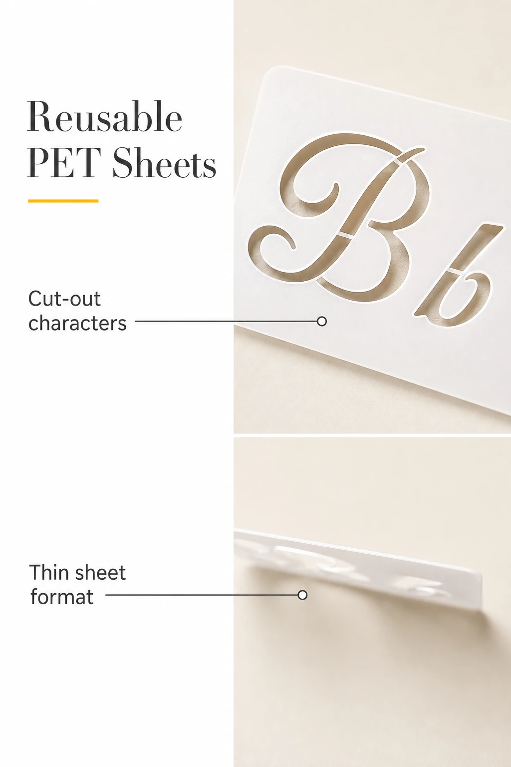 Macro view of the Bb stencil cutouts and thin PET sheet edge.