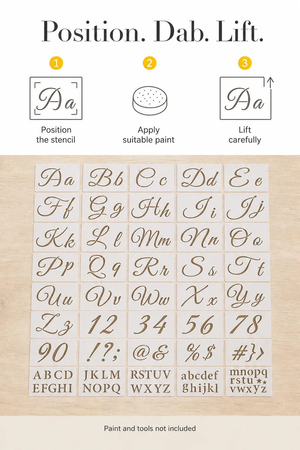 Forty stencil sheets arranged on wood below three illustrated steps: position, apply paint and lift carefully.