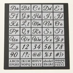 Grid showing the complete set of 40 letter, number and symbol stencil sheets on a dark display surface.