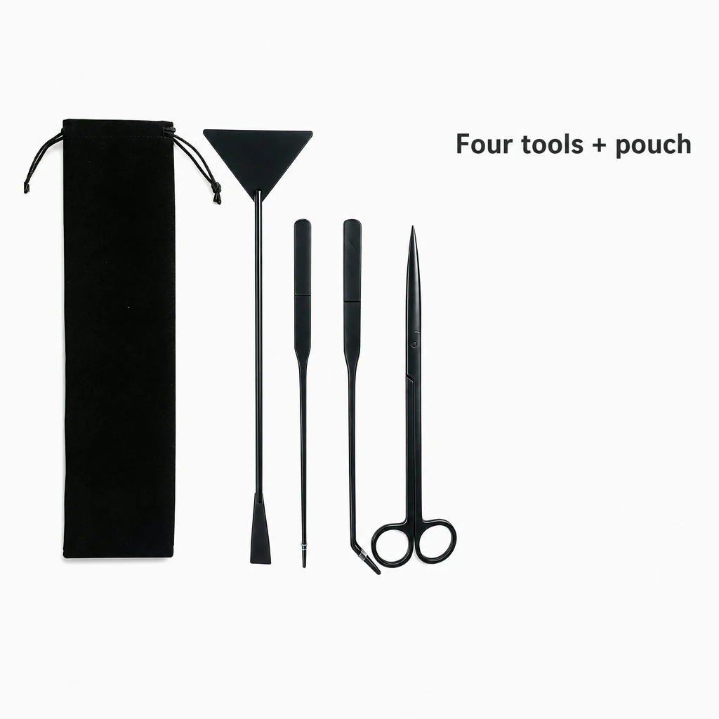 Cuatro herramientas negras y una bolsa mostradas como kit completo