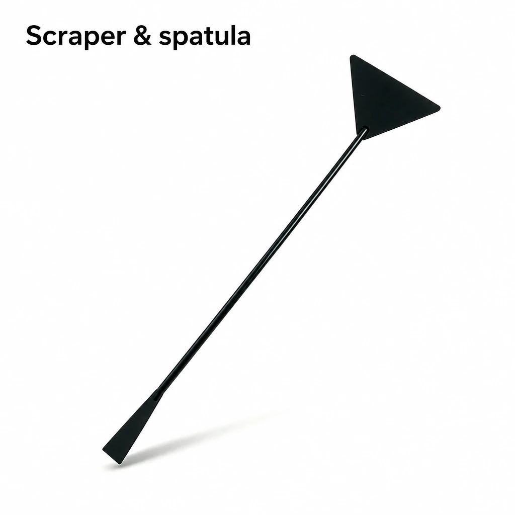 Raspador triangular negro largo con espátula estrecha en el otro extremo