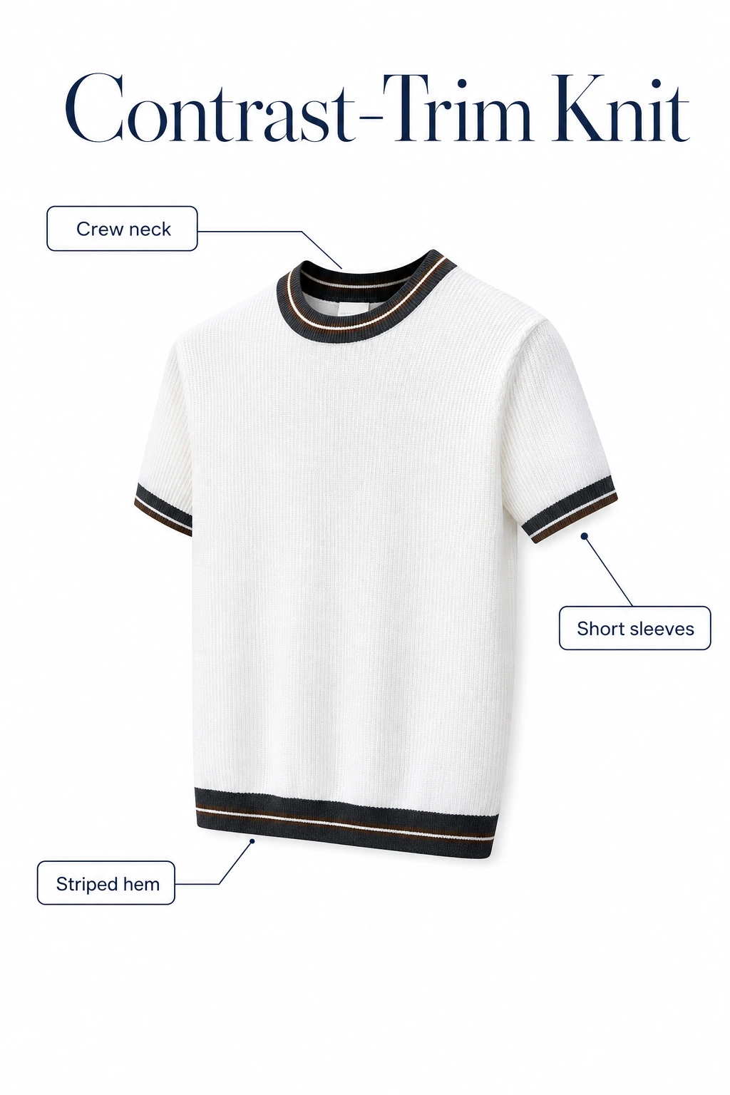 White knit top with callouts identifying its crew neck, short sleeves and striped hem