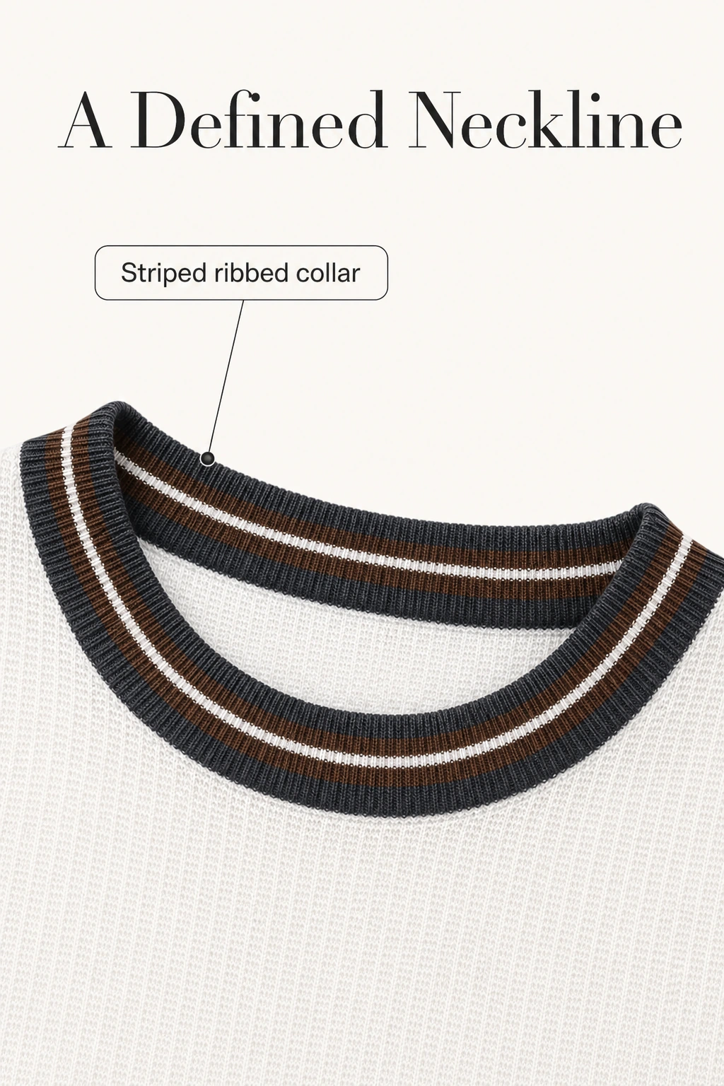 Large close-up of the striped ribbed crew neckline of the white knit top