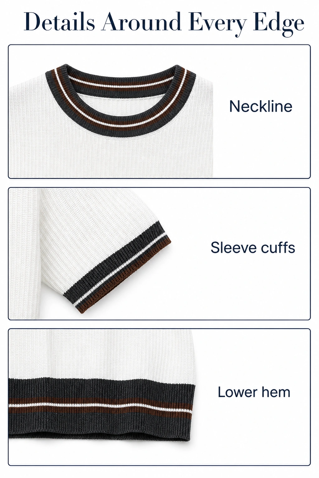 Three panels showing the white top’s neckline, sleeve cuff and lower hem details