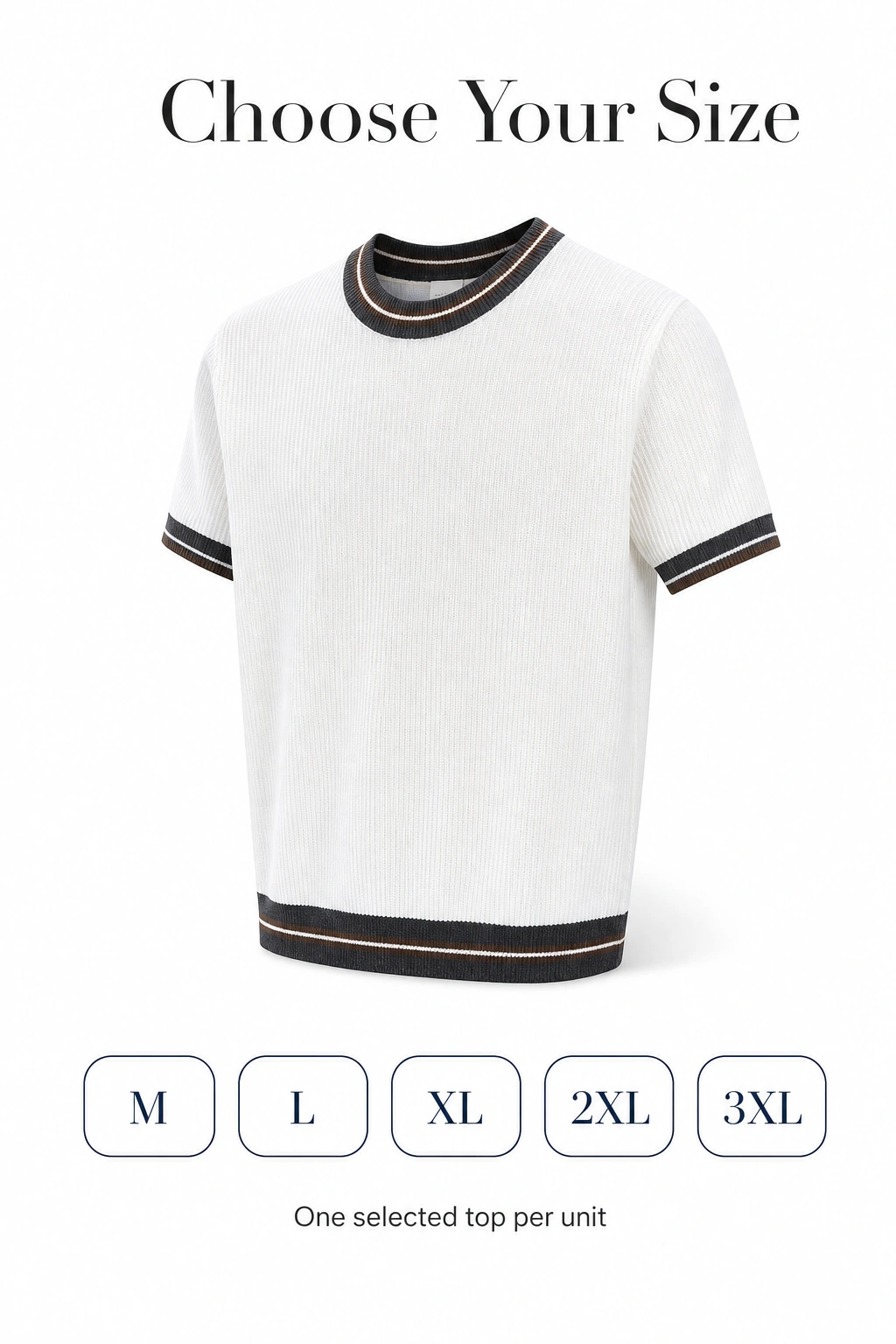 Single white knit top beside M, L, XL, 2XL and 3XL size labels