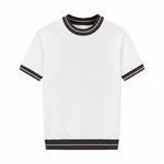 White short-sleeve knit top, front view, with dark striped neckline, cuffs and hem
