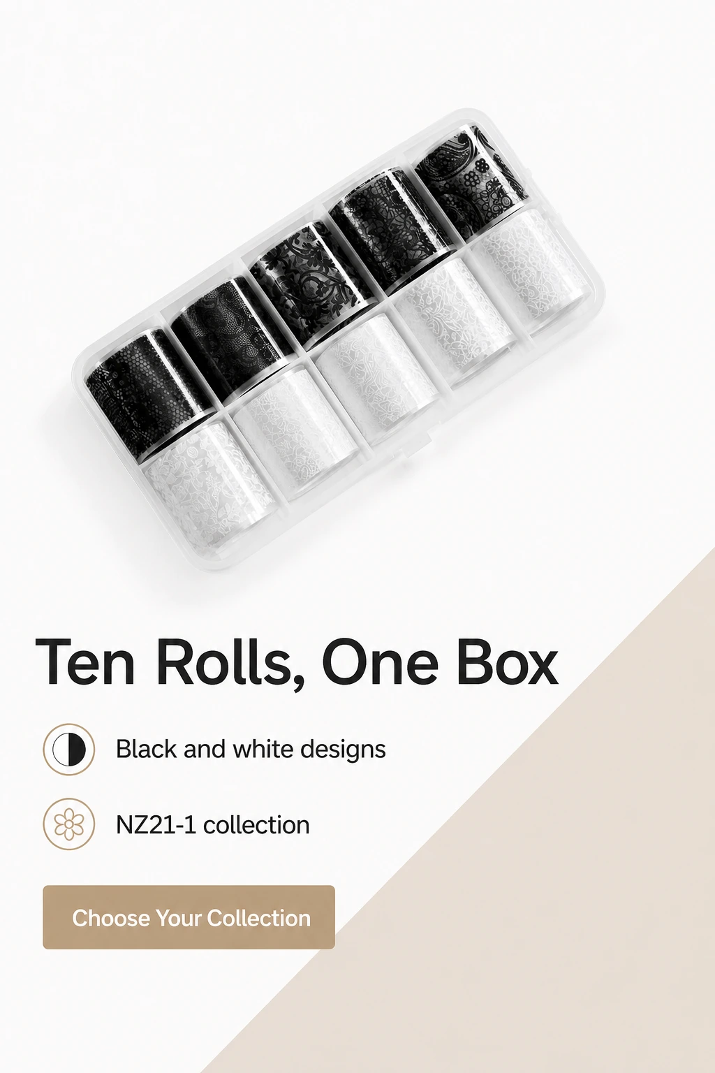 Scatola NZ21-1 con dieci rotoli di foil effetto pizzo bianco e nero