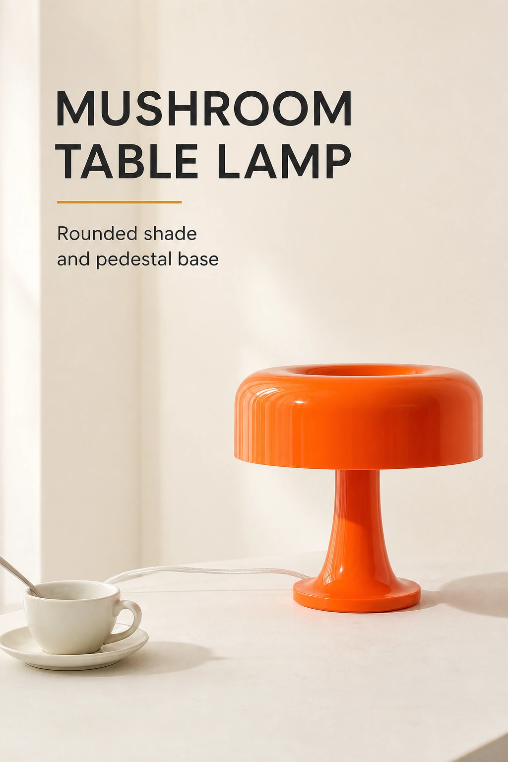 Orange mushroom table lamp on a light table, showing its rounded shade and pedestal base beside a cup.