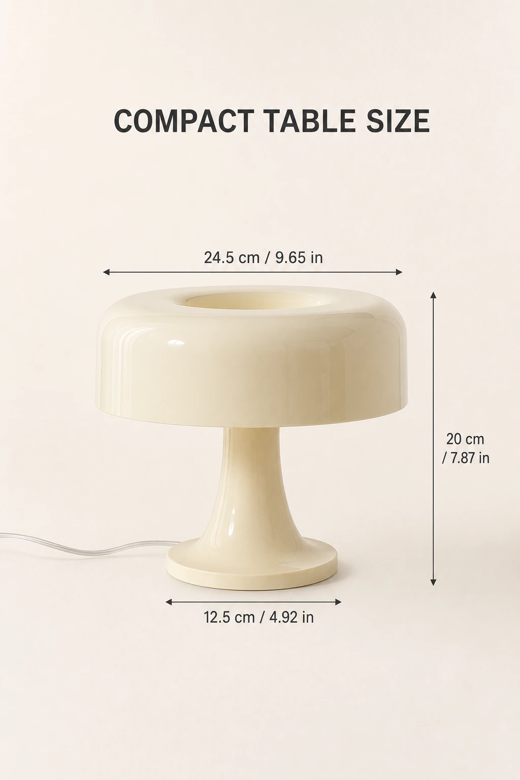 Beige-yellow mushroom lamp with arrows showing 24.5 cm shade diameter, 20 cm total height and 12.5 cm base diameter.