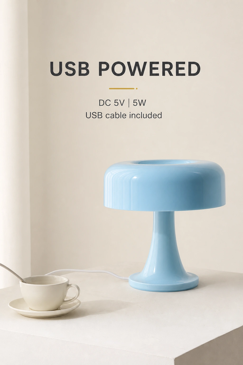 Light-blue mushroom lamp with text stating DC 5V, 5W and USB cable included, shown beside a cup.