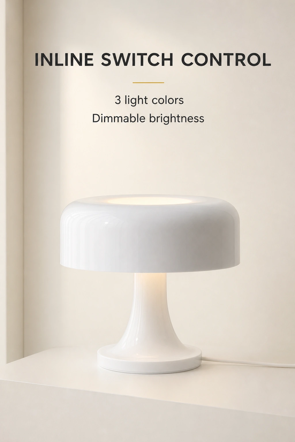 White mushroom lamp with text stating three light colors, dimmable brightness and inline switch control.