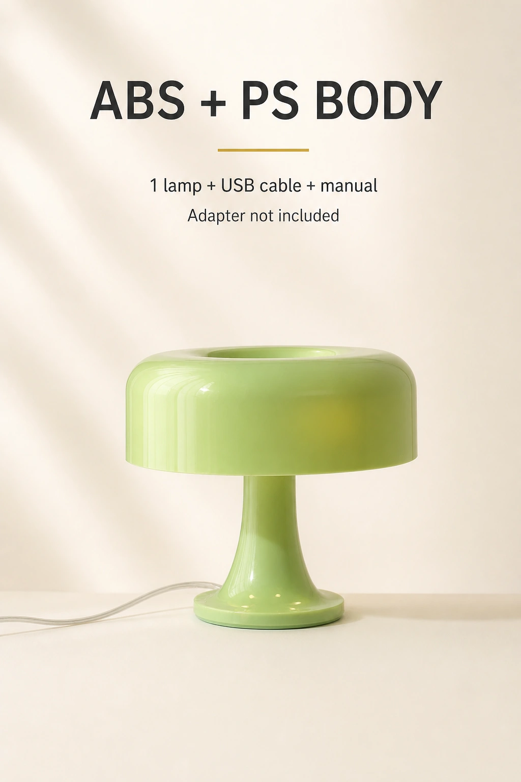 Light-green mushroom lamp with text listing ABS and PS body, one lamp, USB cable and manual; adapter not included.