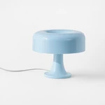 Light-blue mushroom table lamp with rounded shade, pedestal base and visible cord on white.
