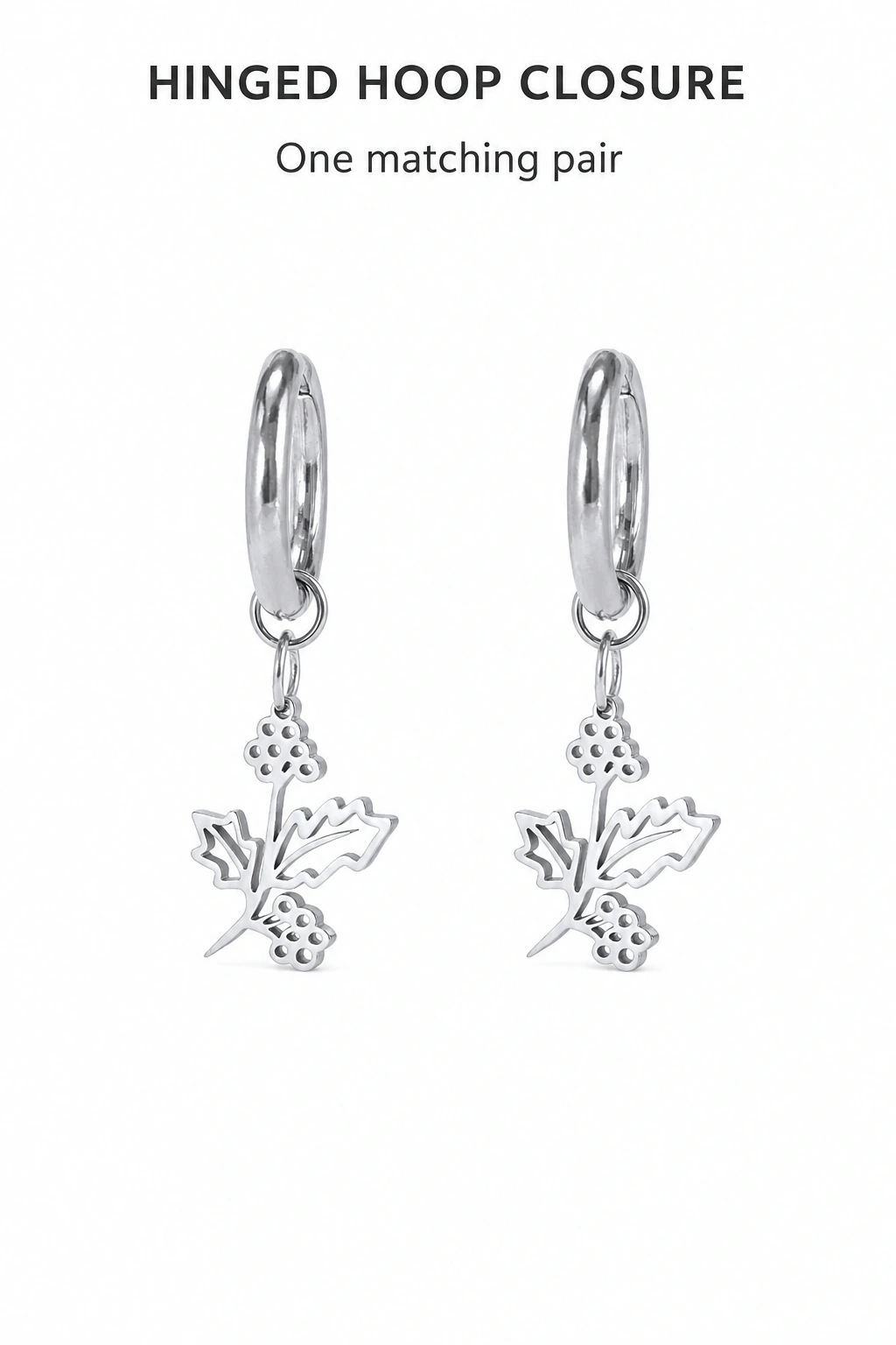 Pendientes de aro plateados de acero inoxidable a juego, con aros cerrados y colgantes florales ramificados, diseño 12.