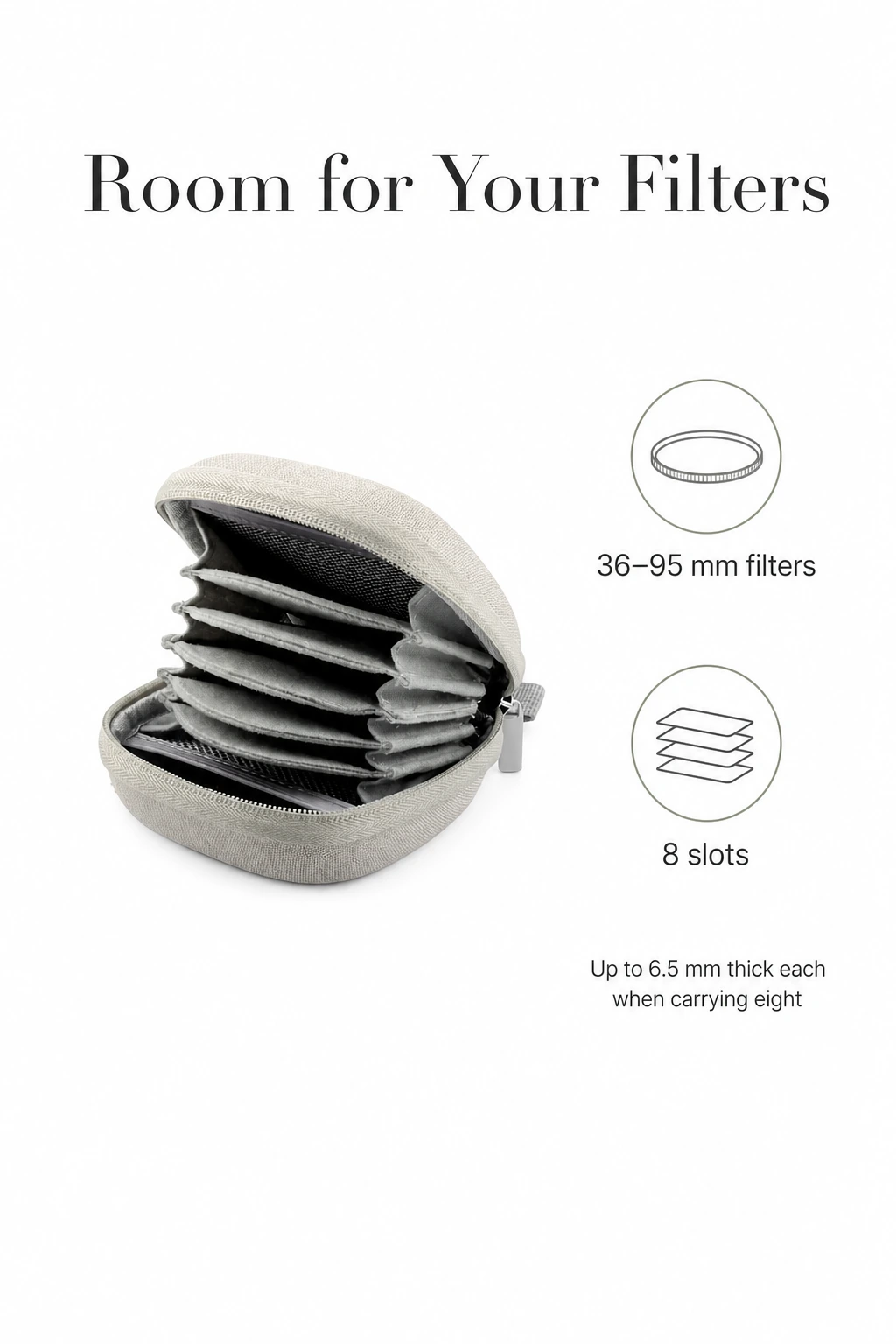 Filtertasche für 36–95 mm und höchstens 6,5 mm dicke Filter bei voller Belegung