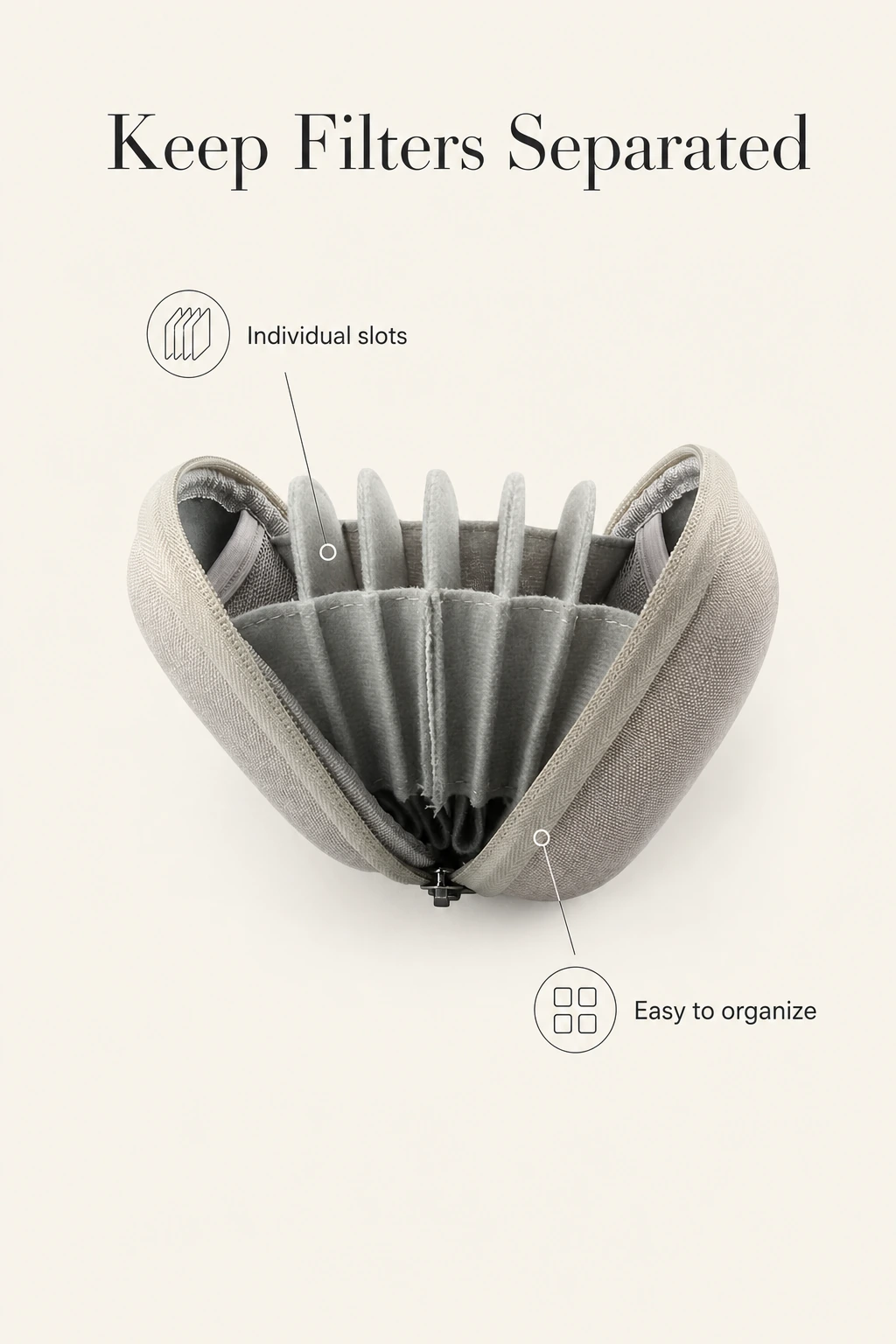 Separate Innenfächer der Tasche für runde Filter