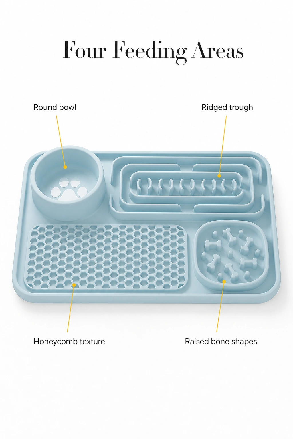 Four molded feeding areas on one silicone mat: round bowl, ridged trough, honeycomb texture and raised bone shapes