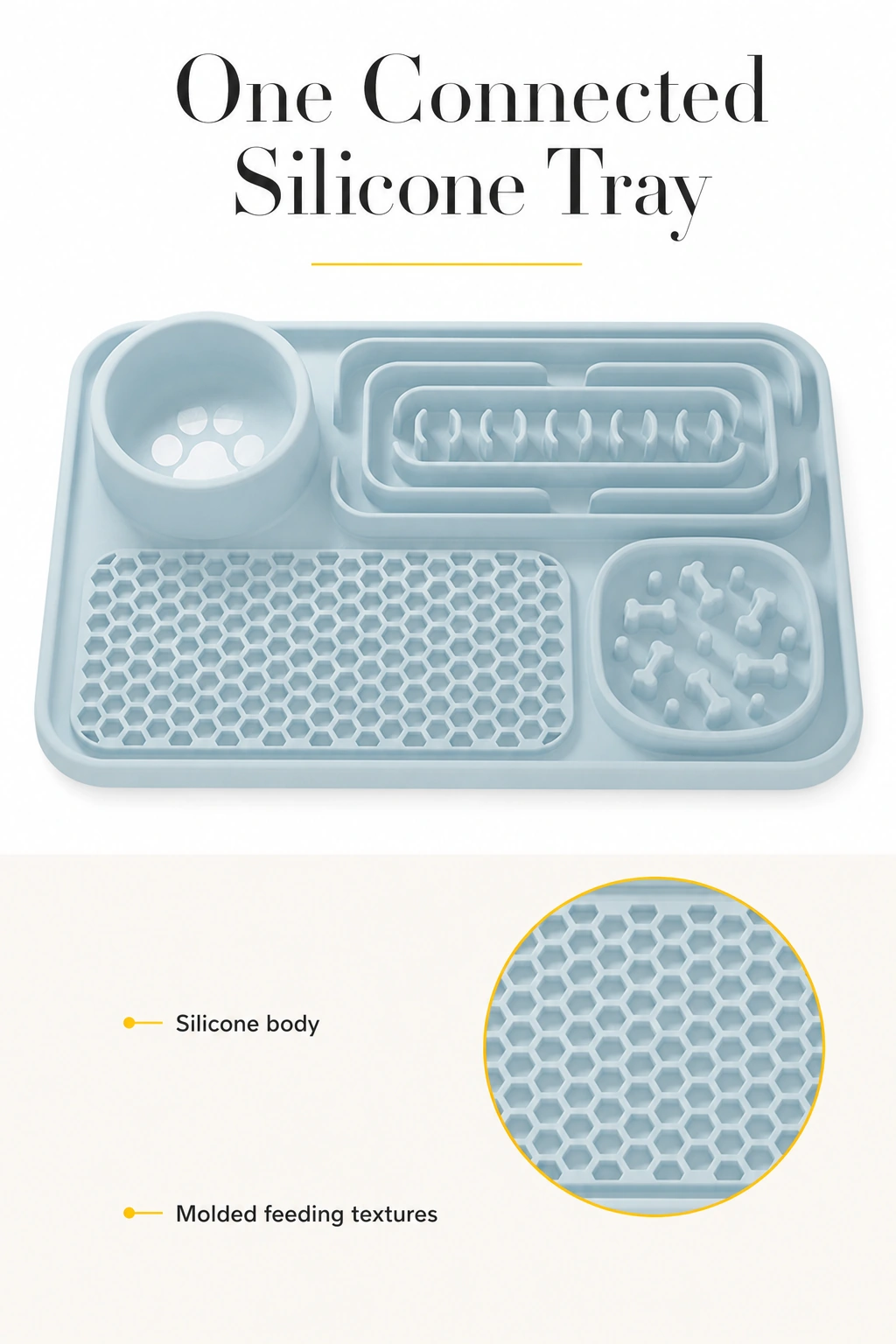 One connected light blue silicone tray with molded feeding textures and a magnified honeycomb-pattern inset