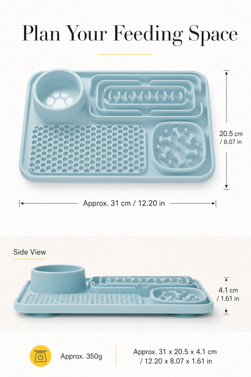 Dimension graphic for the silicone feeding mat: approximately 31 × 20.5 × 4.1 cm and 350 g