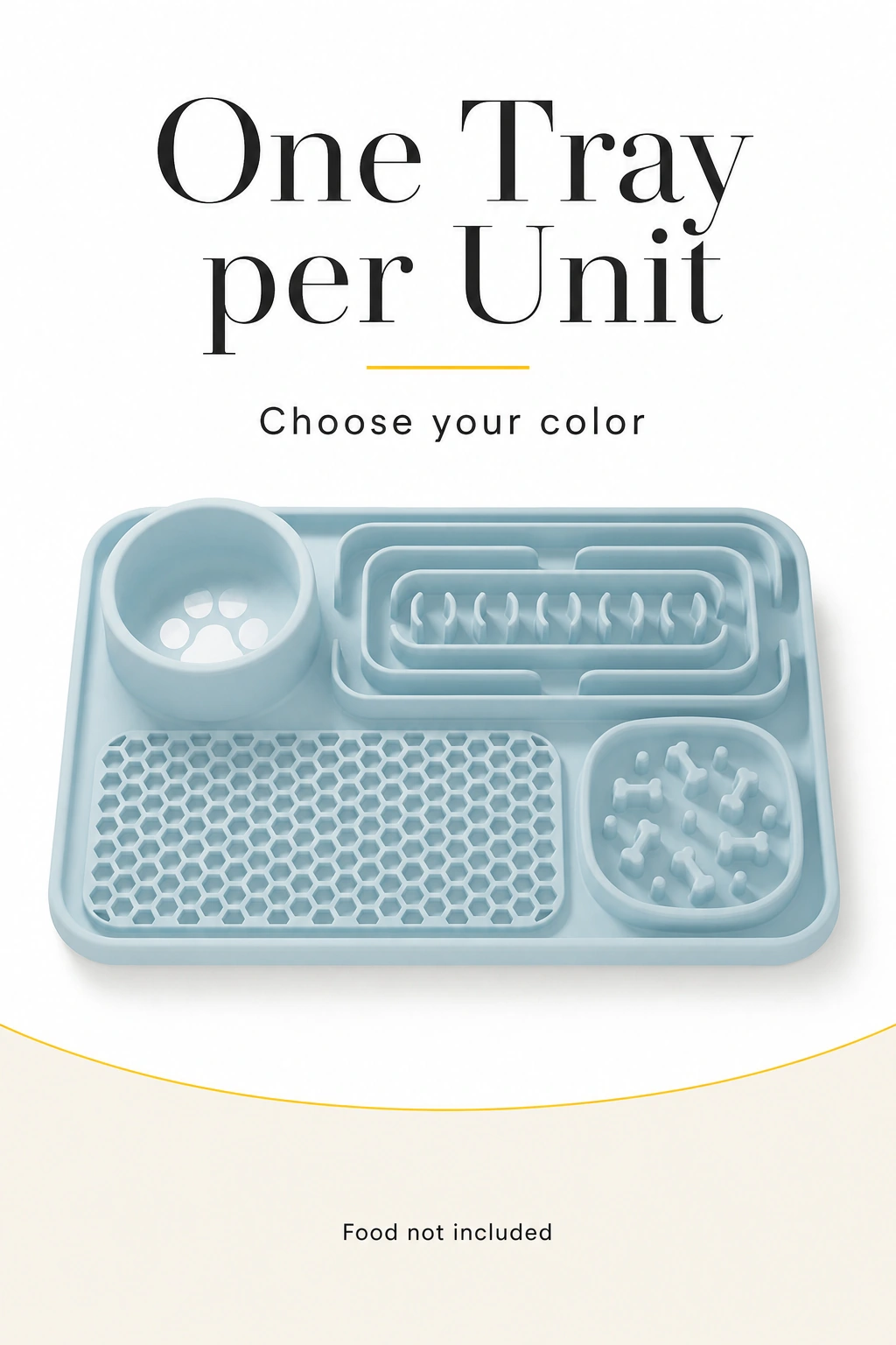 A single light blue silicone feeding tray shown with a note that food is not included