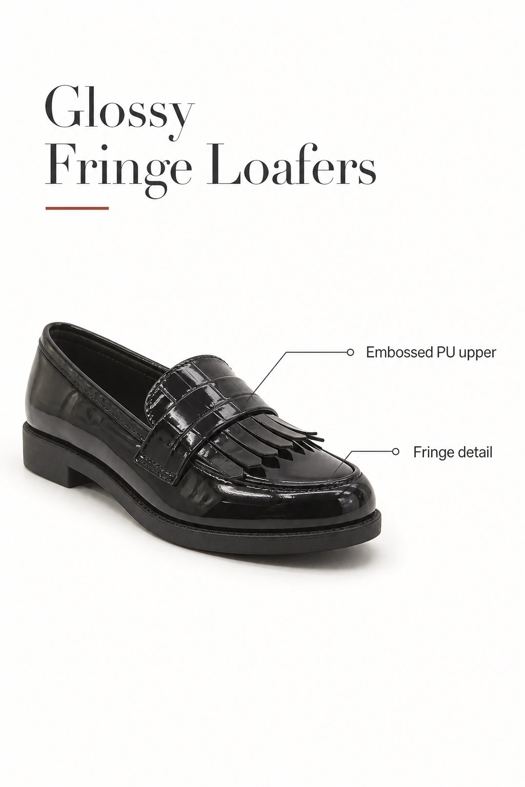 Schwarzer glänzender Loafer mit Prägung und Fransen