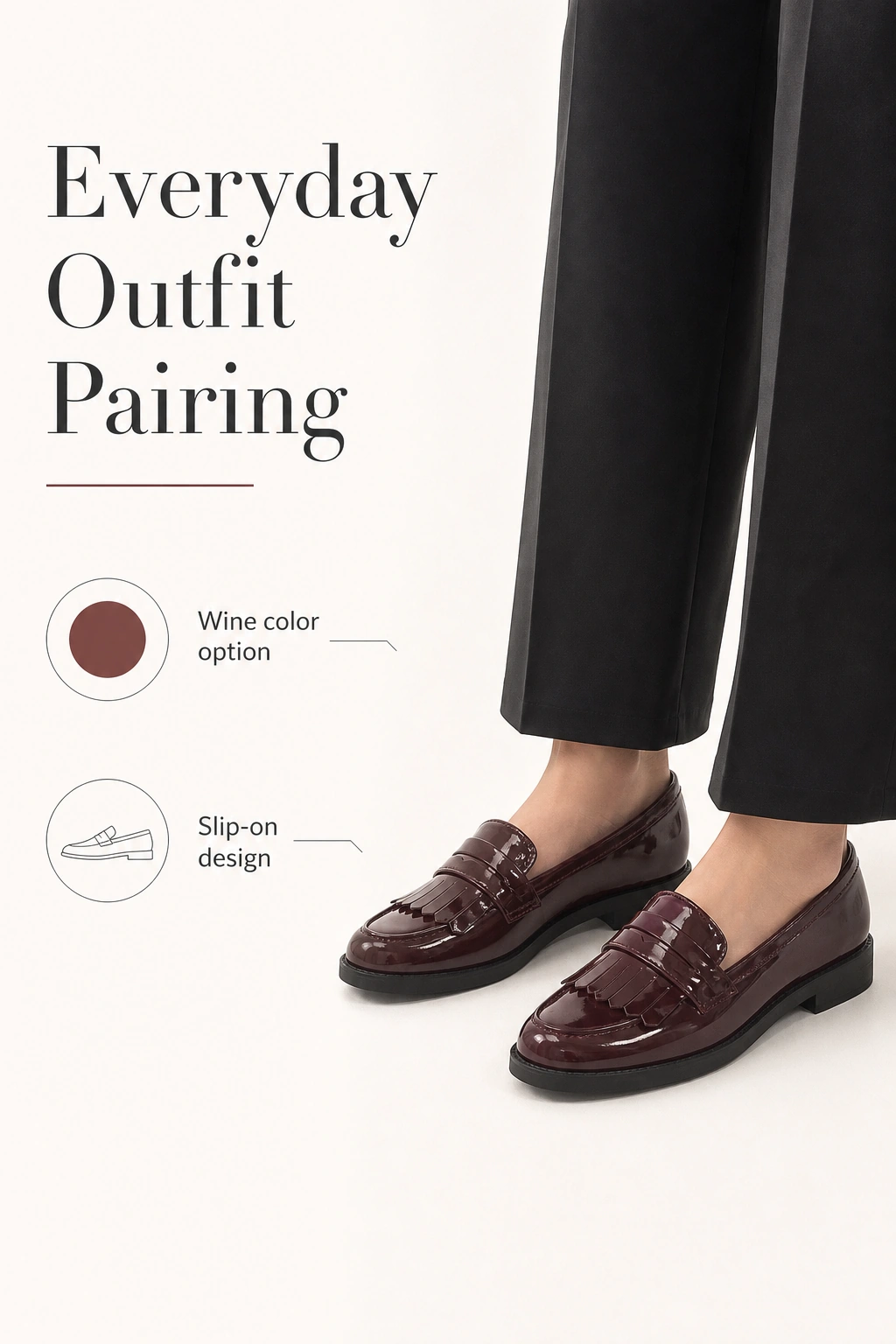 Weinrote Loafer zu einer geraden schwarzen Hose