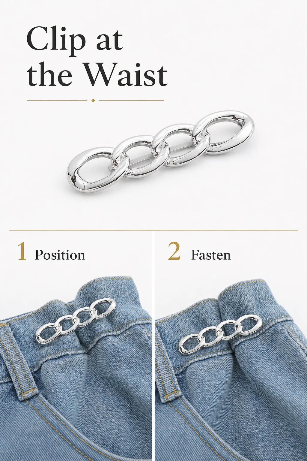 Four-link clip positioned at a gathered waistband