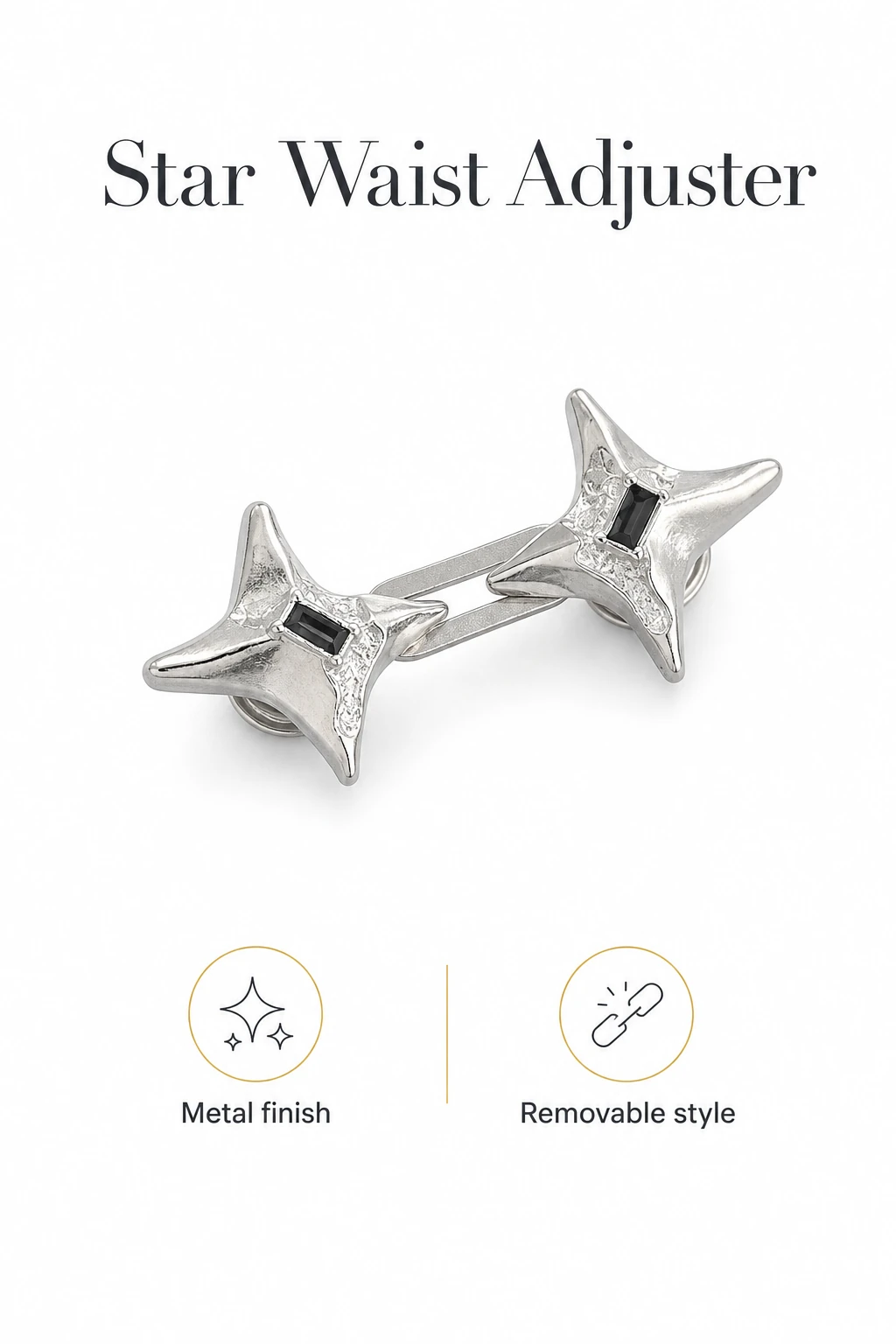 Silver two-star fastener with its linked construction highlighted