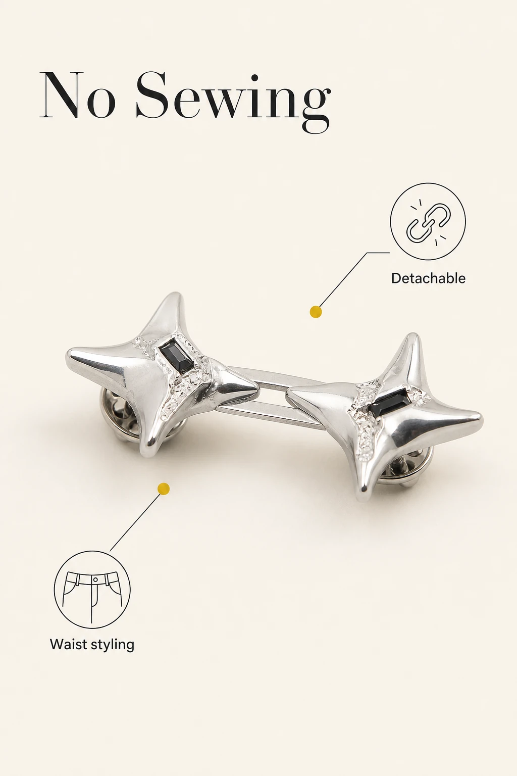 Close metal finish and black center accents on the two stars