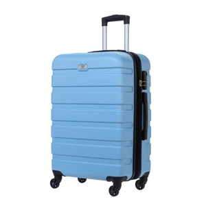 Sky-blue suitcase with World Polo badge and extended handle