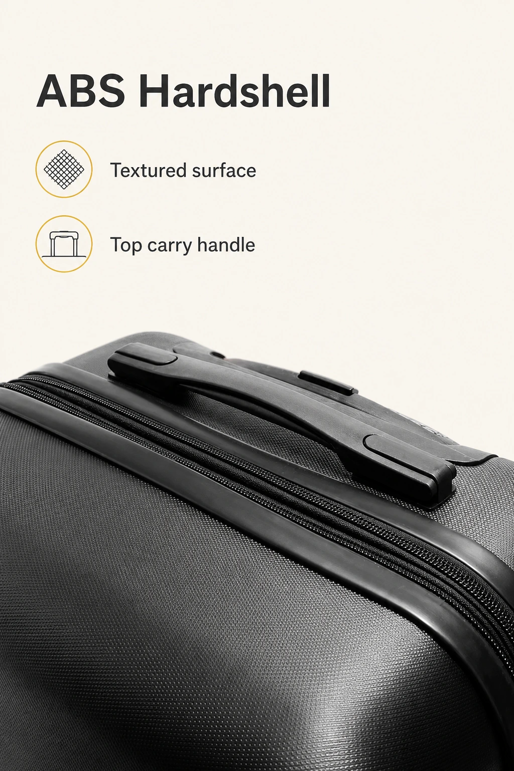 Black ABS shell and top carry handle with feature labels