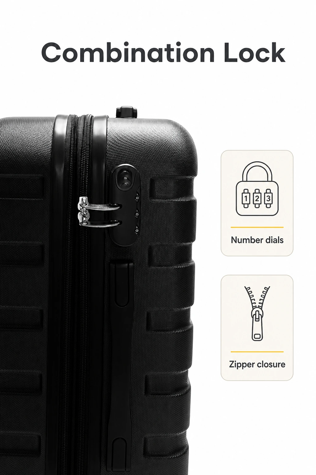 Black combination lock and zipper beside two explanatory labels