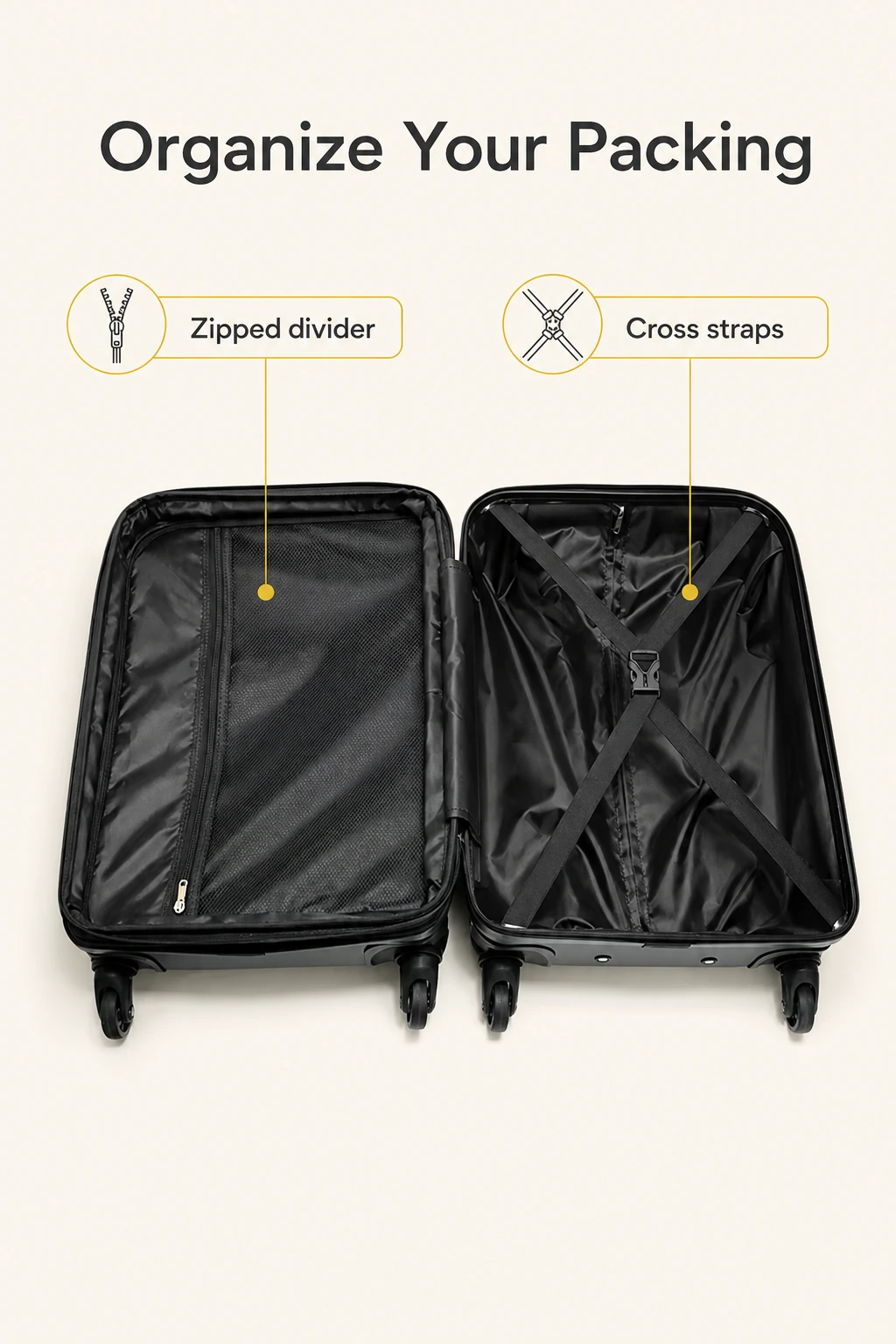 Open suitcase interior with zipped-divider and cross-strap labels